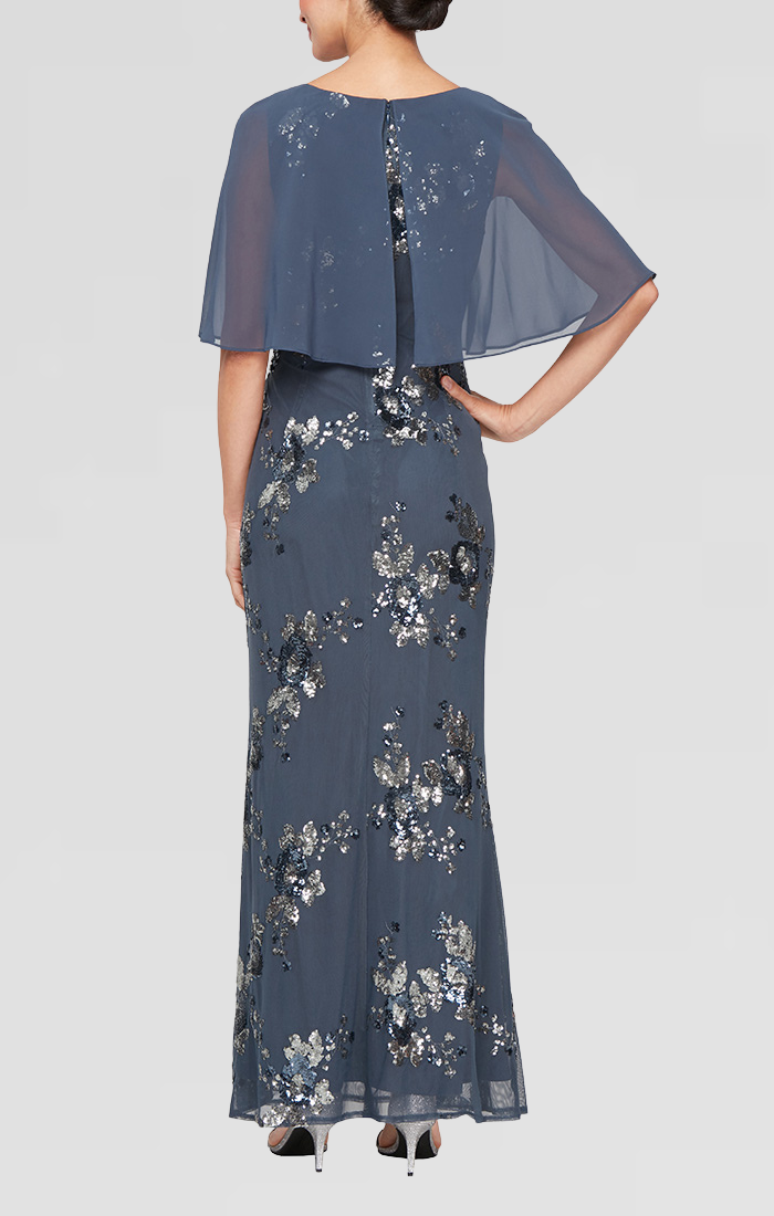 Slate Blue Scoop-Neck Floor-Length Sequin Mesh Gown with Chiffon Capelet SL Fashions 9296472