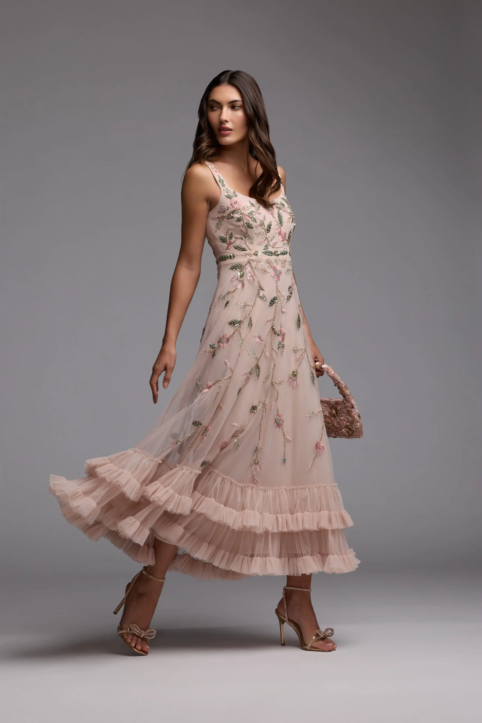Square Neck Long Floral Embroidered Formal Dress by Mac Duggal 9402 in Porcelain