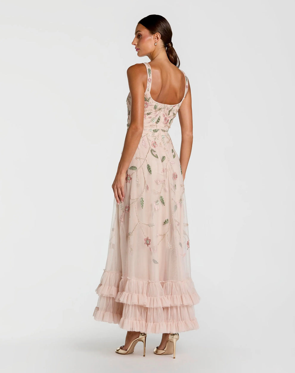 Square Neck Long Floral Embroidered Formal Dress by Mac Duggal 9402 in Porcelain