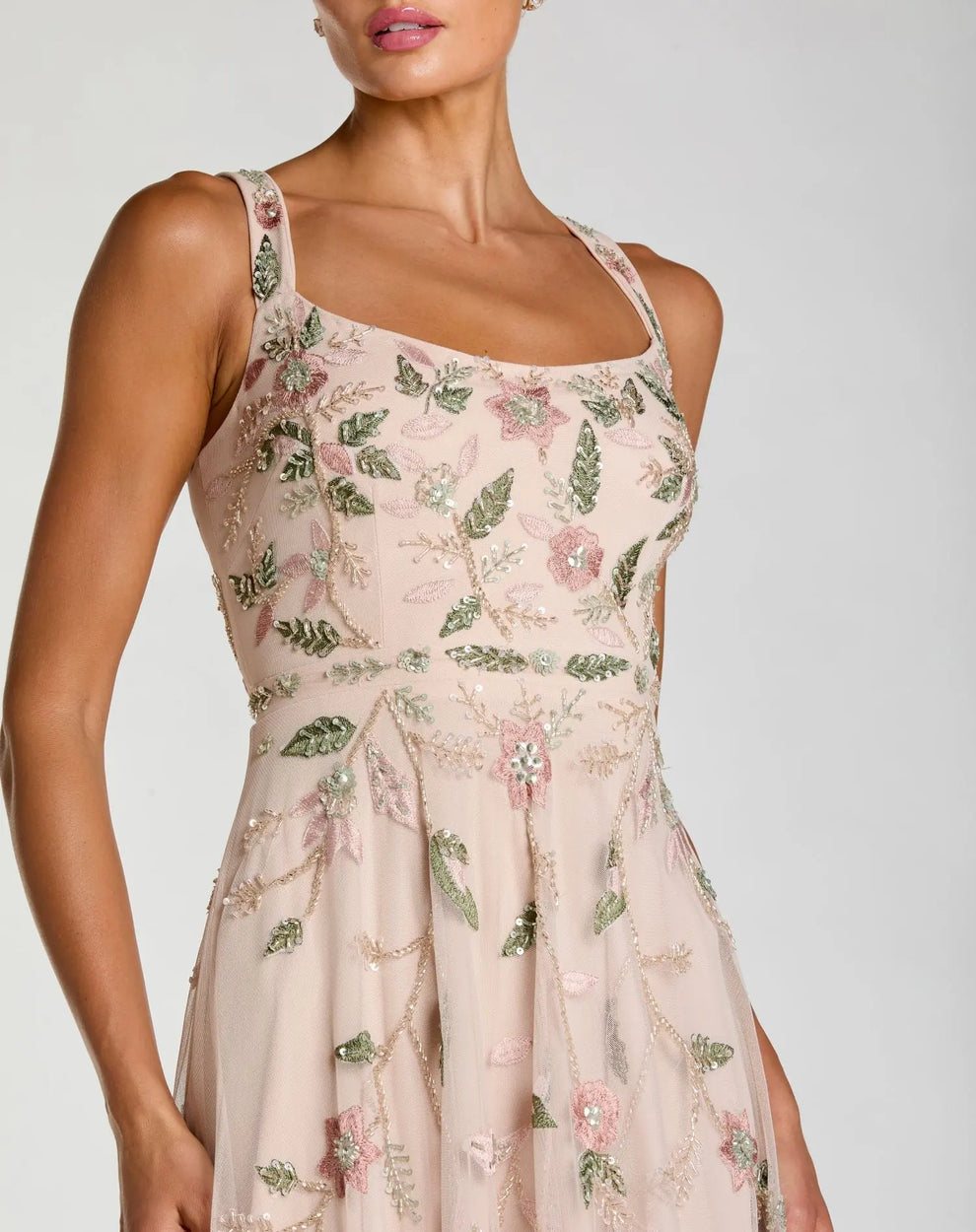 Square Neck Long Floral Embroidered Formal Dress by Mac Duggal 9402 in Porcelain