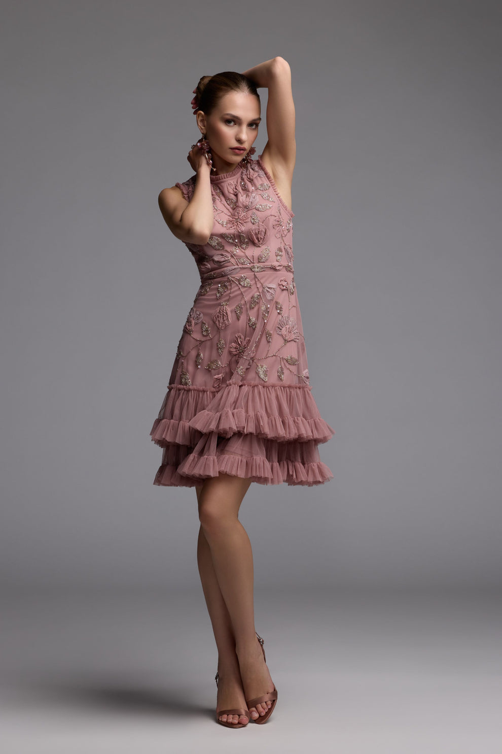 Cocktail Dresses Short Beaded Ruffle A Line Homecoming Cocktail Dress Mac Duggal 9403 Antique Rose