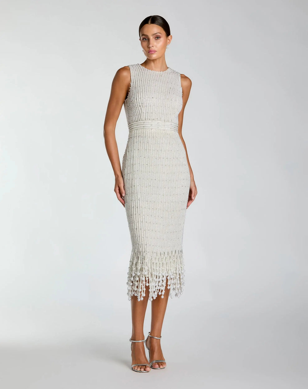Ivory Round Neck Knee-Length Beaded Cocktail Dress with Pearl Fringe Mac Duggal 94048