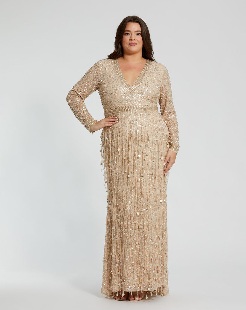 Nude Gold Mac Duggal94074 Plus Size Fringe Long Sleeve Formal Dress