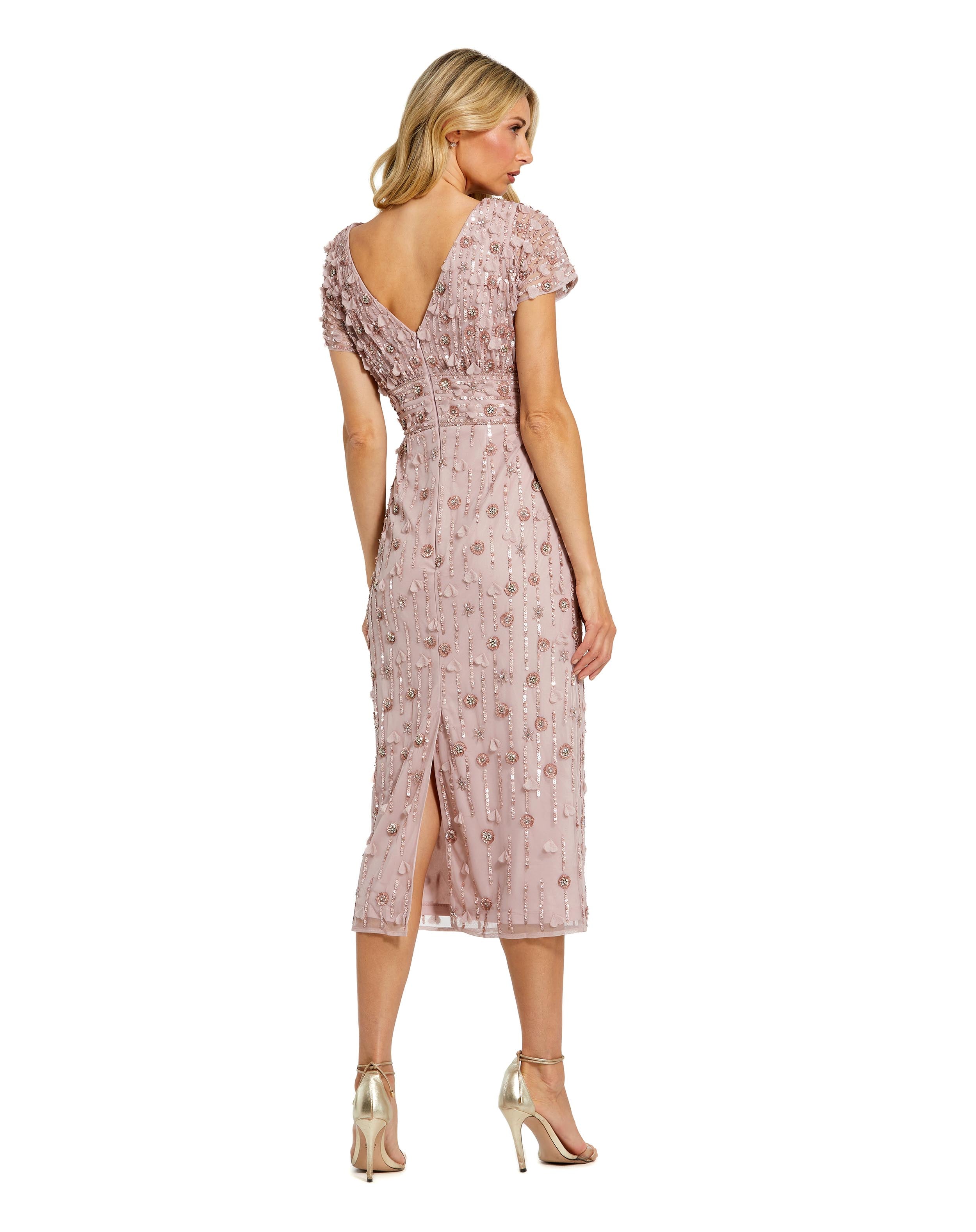 Cocktail Dresses Short Floral Beaded Cocktail Midi Dress Vintage Lilac