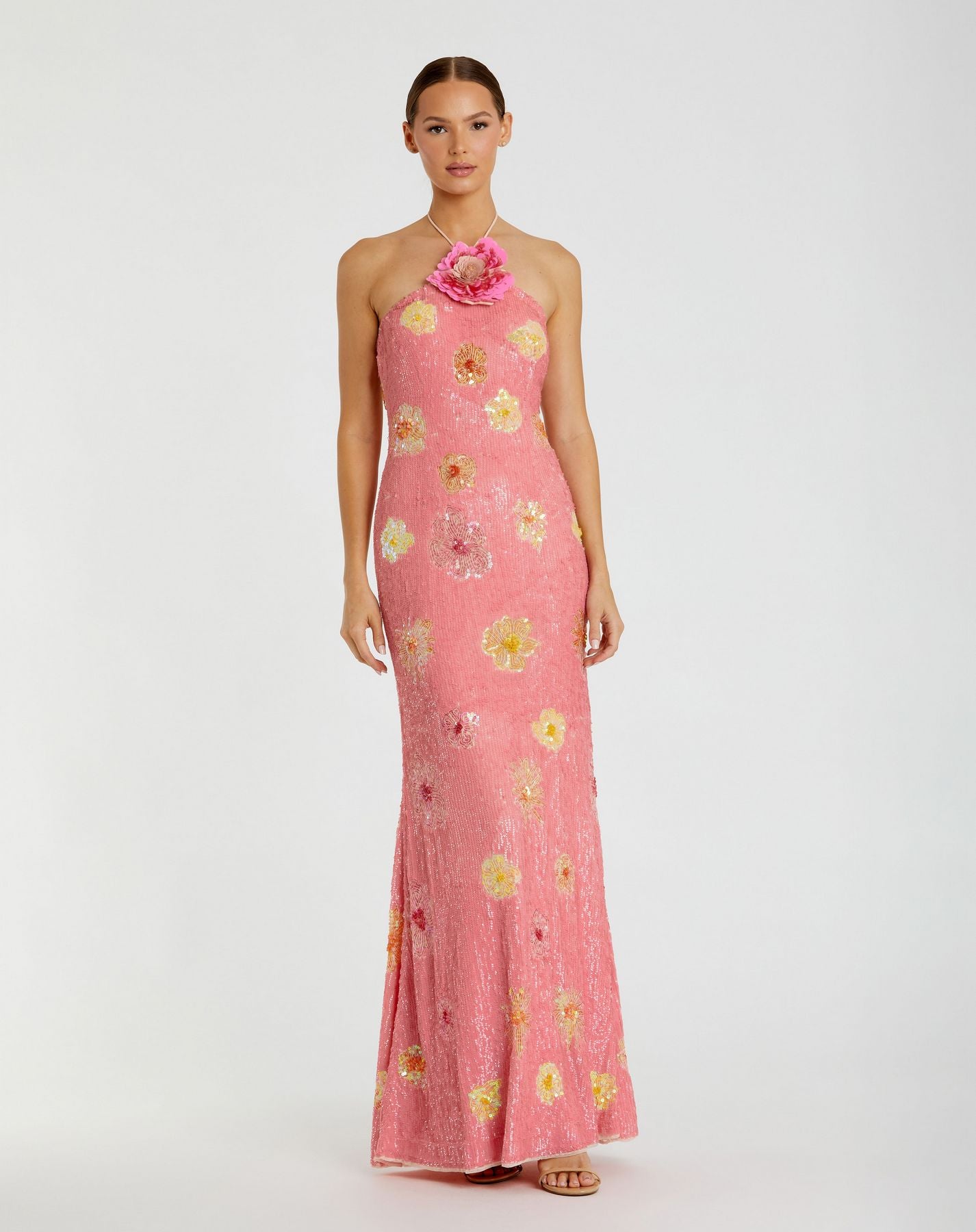 Prom Dresses Fitted Sequin Prom Dress - Long Formal - Mac Duggal 94175 Pink Lemonade-Mesh-94175-Sequin