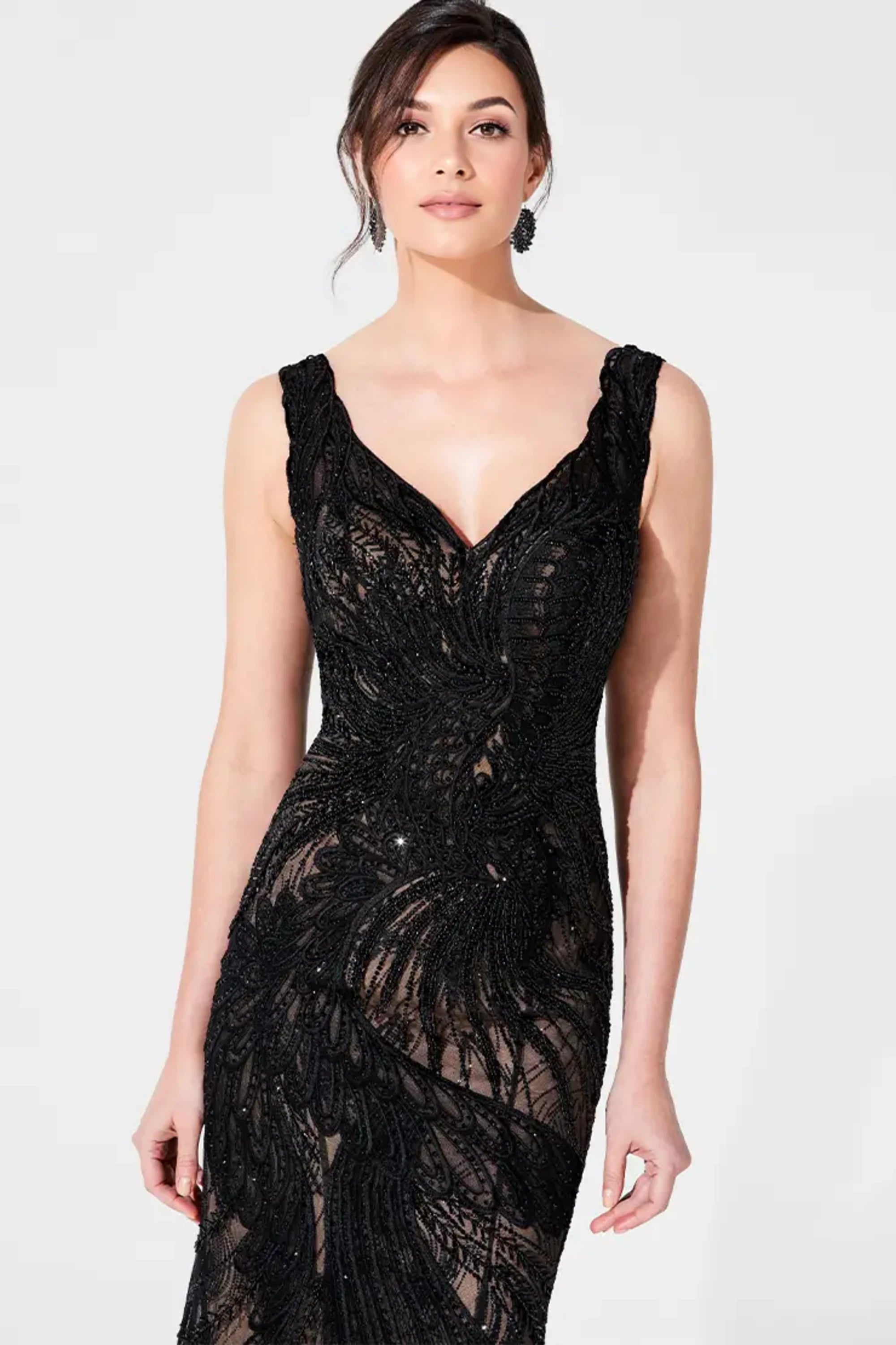 Formal Dresses Beaded Long Formal Fitted Evening Dress Black/Nude