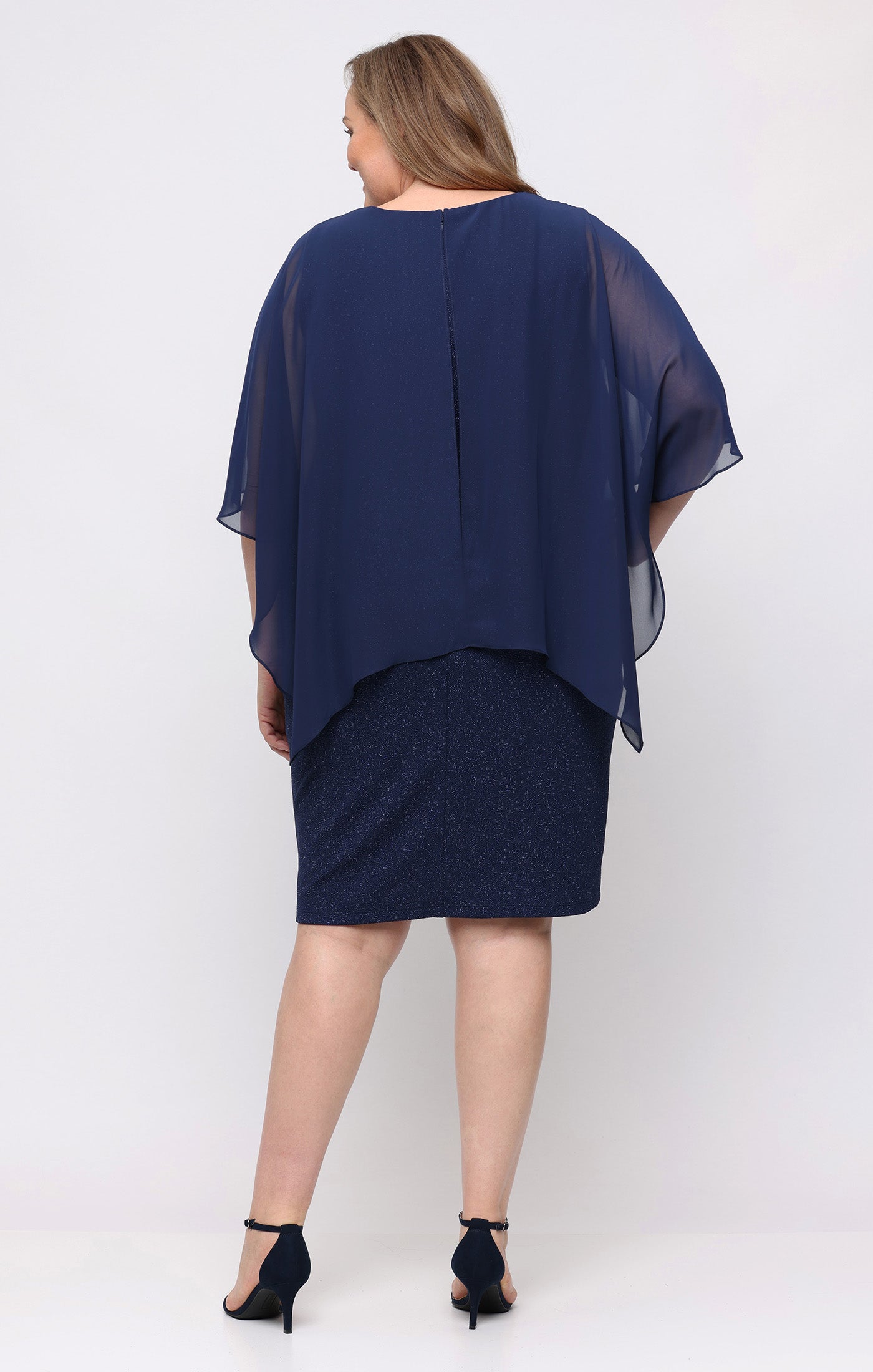 Navy SL Fashions 9427340 V-Neck Knee-Length Glitter Cocktail Dress Capelet
