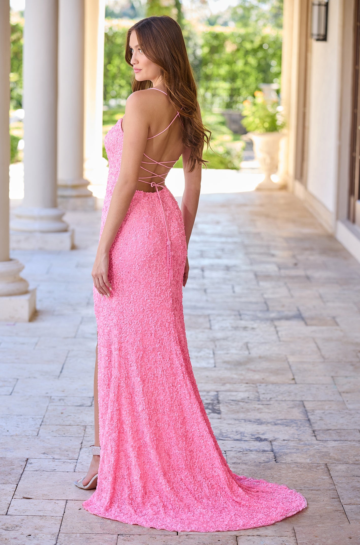 Candy Pink Scoop Neck Floor-Length Sequin Prom Dress with Lace-Up Back Amarra 94282