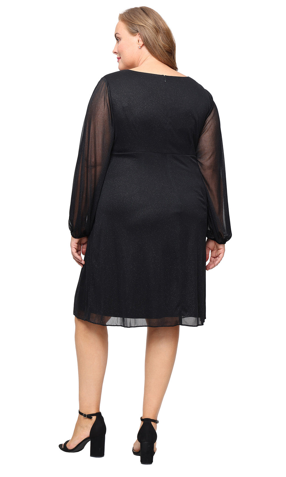 PLus Size Dresses Beaded Long Sleeve Plus Size Glitter Short Cocktail Dress BLACK