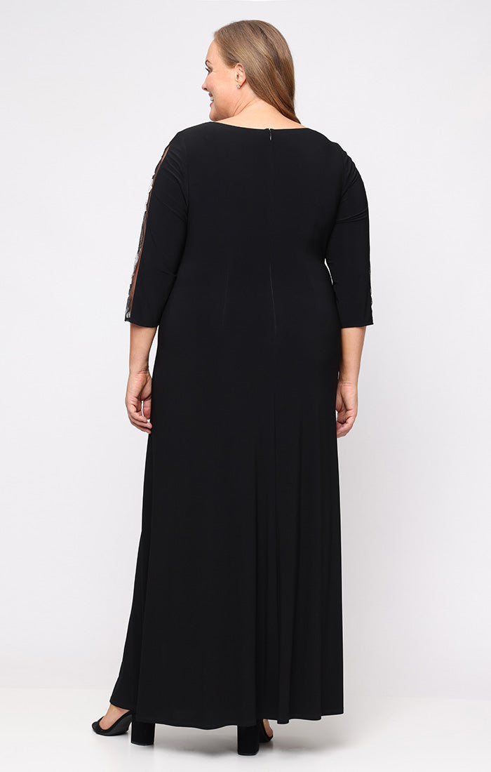 Black Ivory Bateau Floor-Length Jersey Formal Gown with Embroidered Illusion Sleeves SL Fashions 9435262