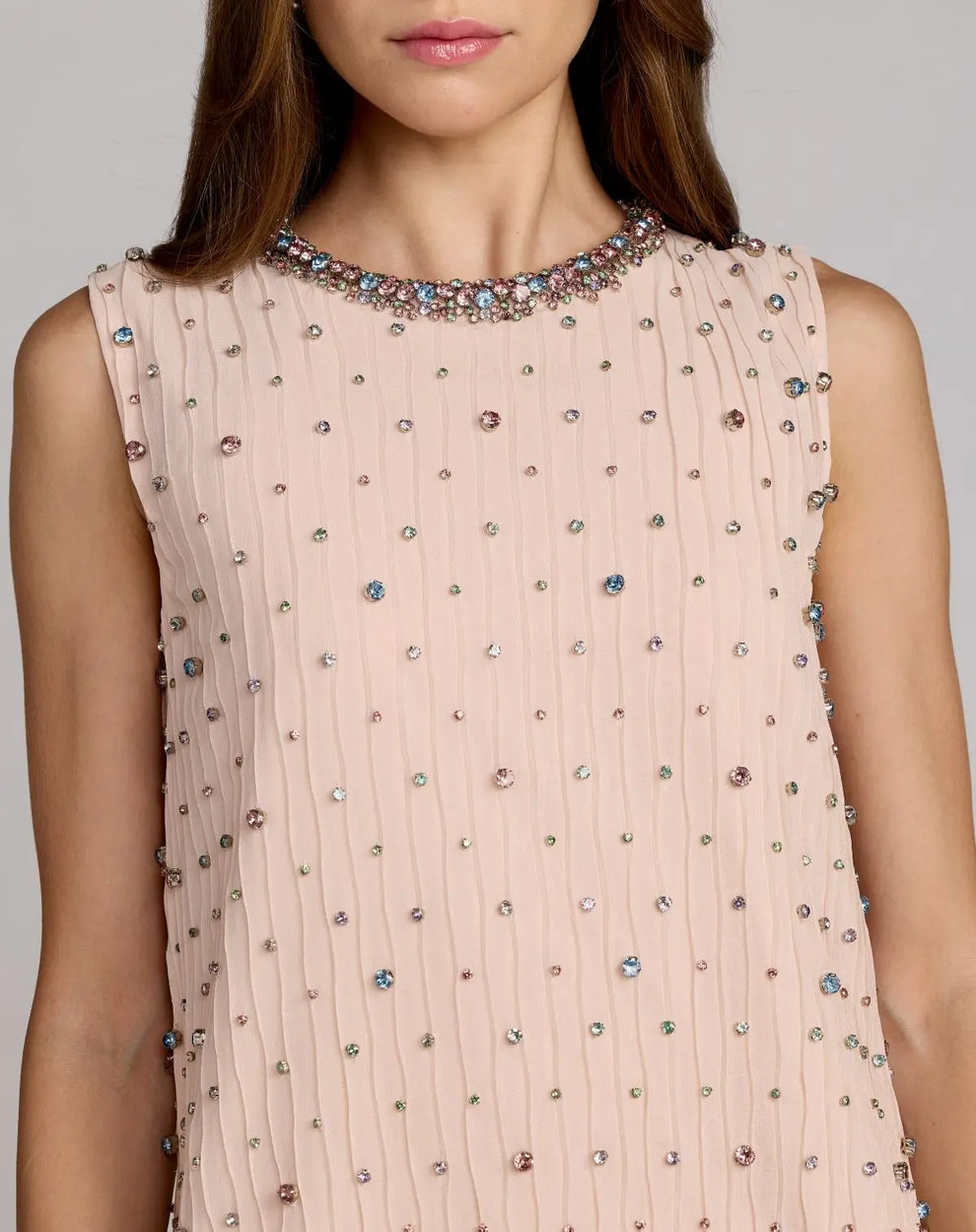 Jewel Neck Sleeveless Beaded Shift Dress by Mac Duggal 94354 in Blush Multi
