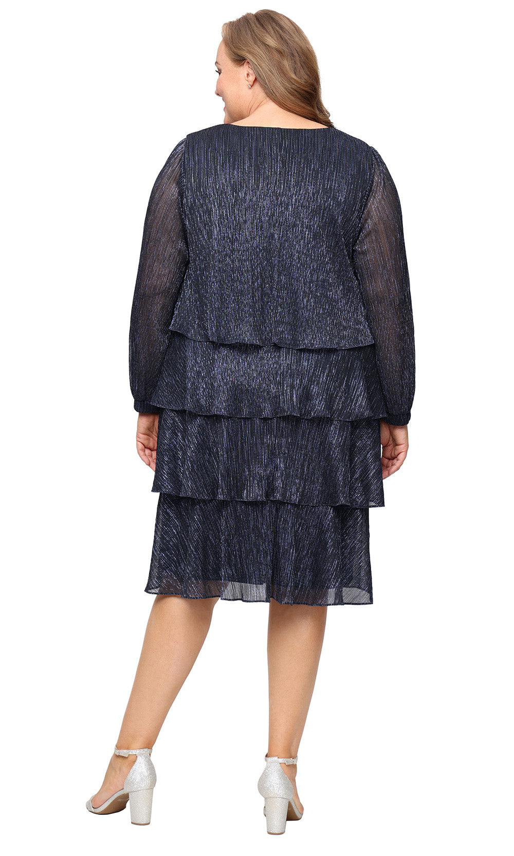 Plus Size Dresses Short Metallic Plus Size Long Sleeve Cocktail Dress NAVY