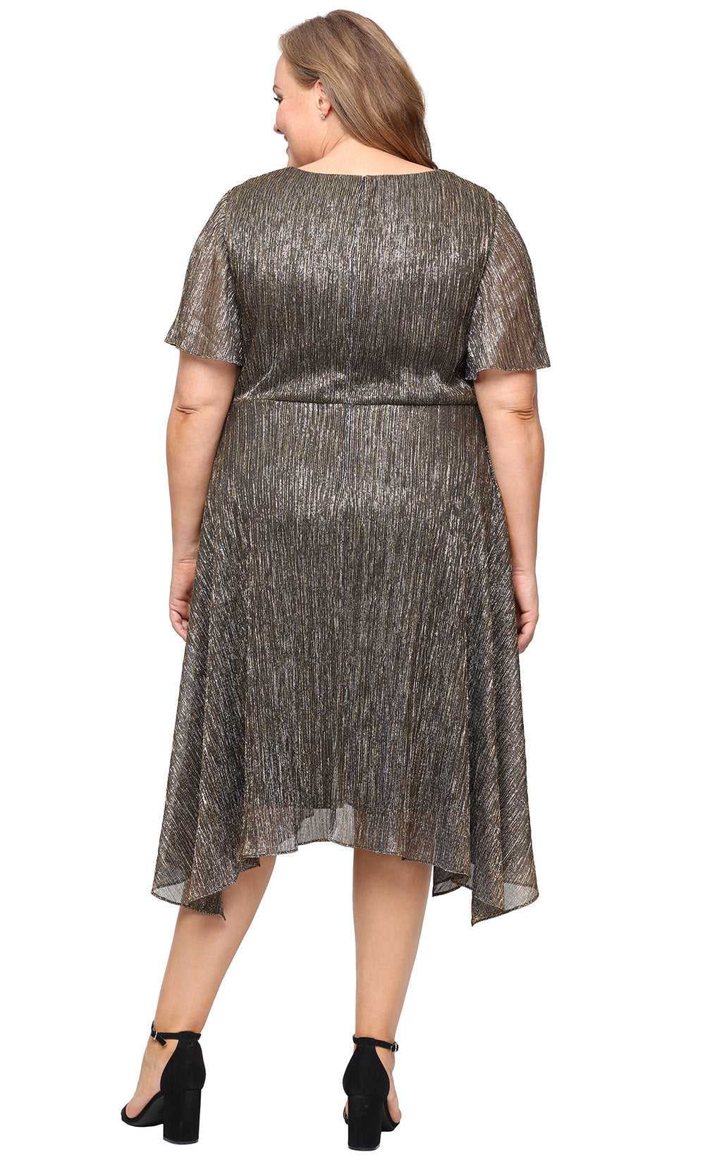 Plus Size Dresses Metallic Short Plus Size A Line Midi Length Dress BLACK GOLD