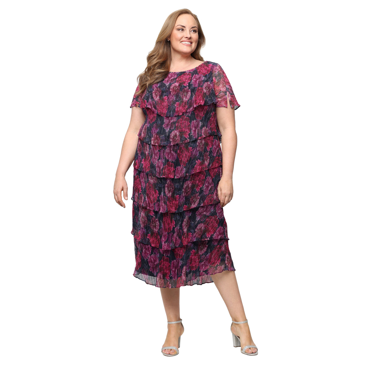 Pink Multi SL Fashions 9455295 Scoop Midi Chiffon Cocktail Dress Pleated