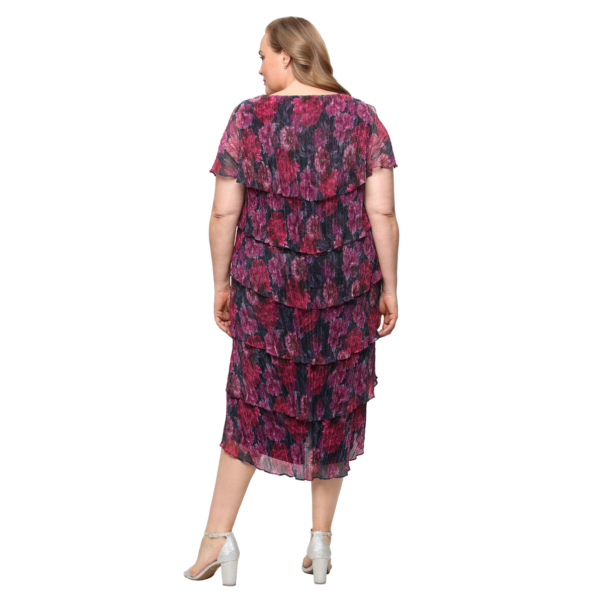 Pink Multi SL Fashions 9455295 Scoop Midi Chiffon Cocktail Dress Pleated