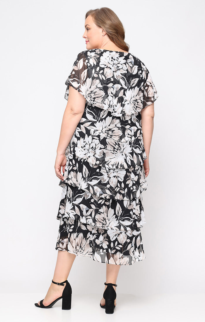 Plus Size Dresses Plus Size Printed Cocktail Midi Length Dress BLACK MULTI