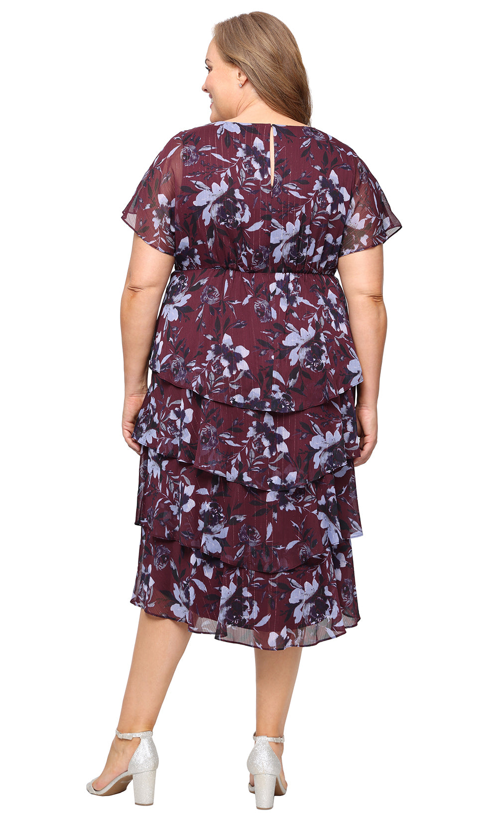 PLus Size Dresses Plus Size Tiered Printed Tea Length Dress WINE MULTI