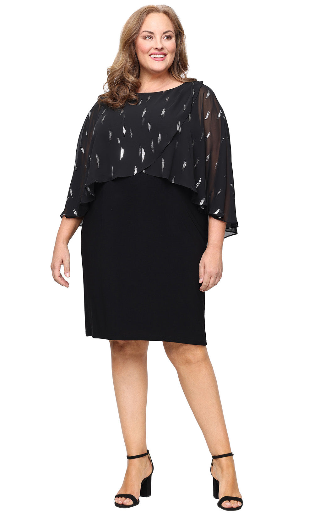 Plus Size Dresses Short Printed Plus Size Capelet Knee Length Dress Black Silver