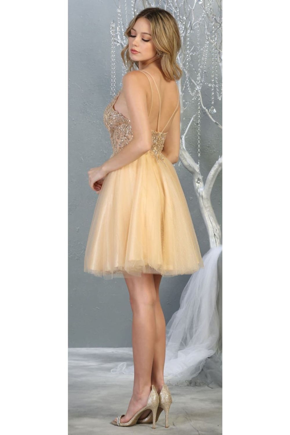 Champagne/Gold V-Neck Short Tulle Homecoming Dress Lace May Queen MQ1813