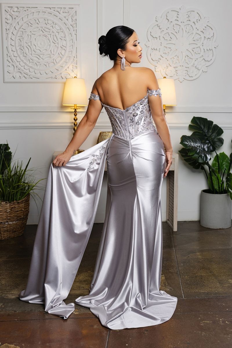 Off-the-Shoulder Floor-Length Satin Prom Sheath/Column May Queen 2179