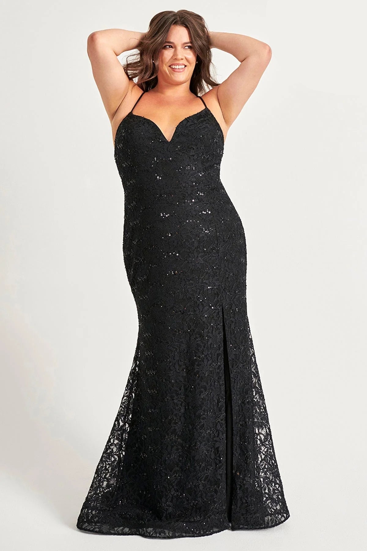 BLACK Faviana 9546 Plus Size Long Fitted Formal Lace Prom Dress