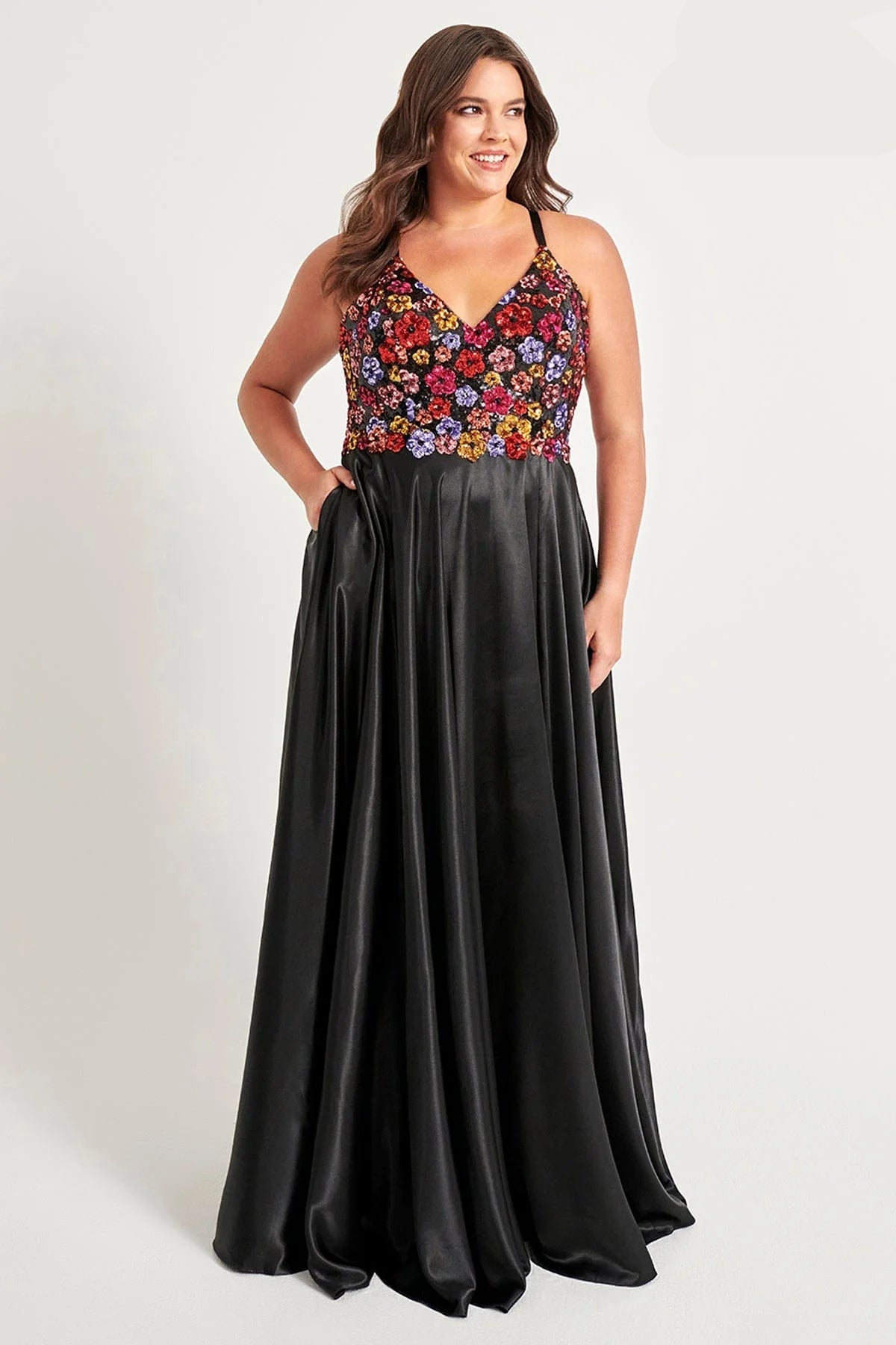 Plus Size Formal Dresses Plus Size Long Formal Floral Sequin Prom Dress Black/Multi/Black