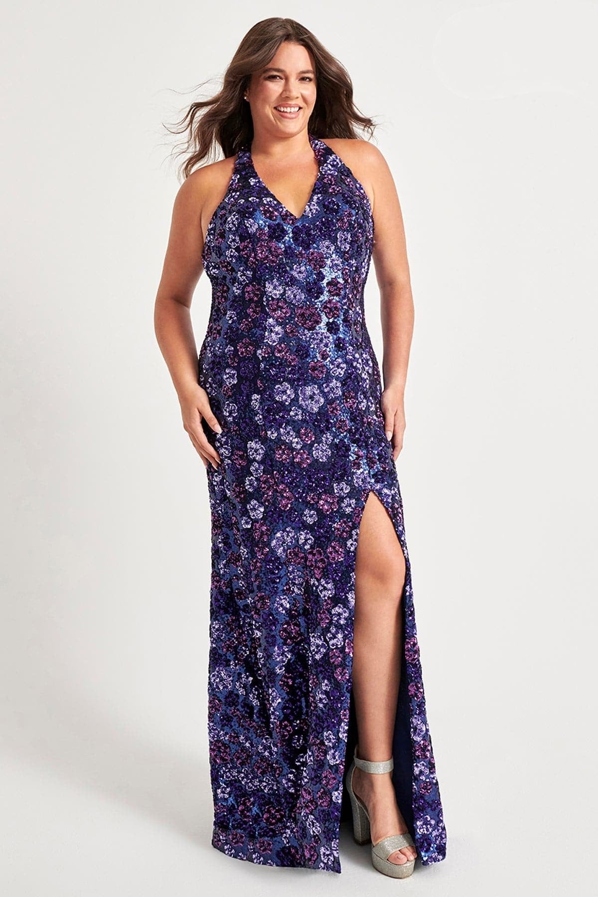 Prom Dresses Plus Size Long Floral Formal Prom Sequin Dress Purple Navy
