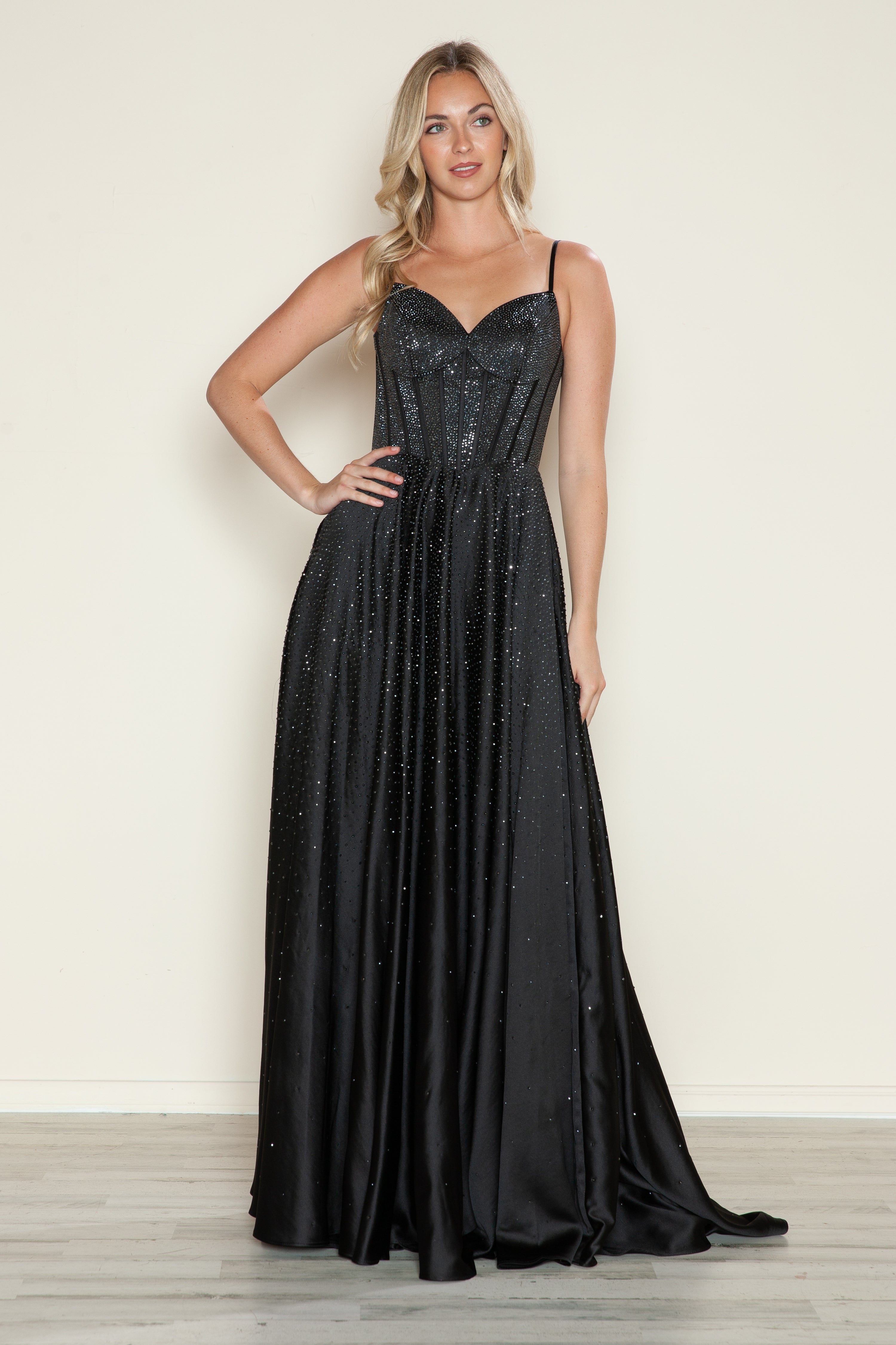 Black Poly USA 9610 Long Formal Beaded A Line Prom Dress
