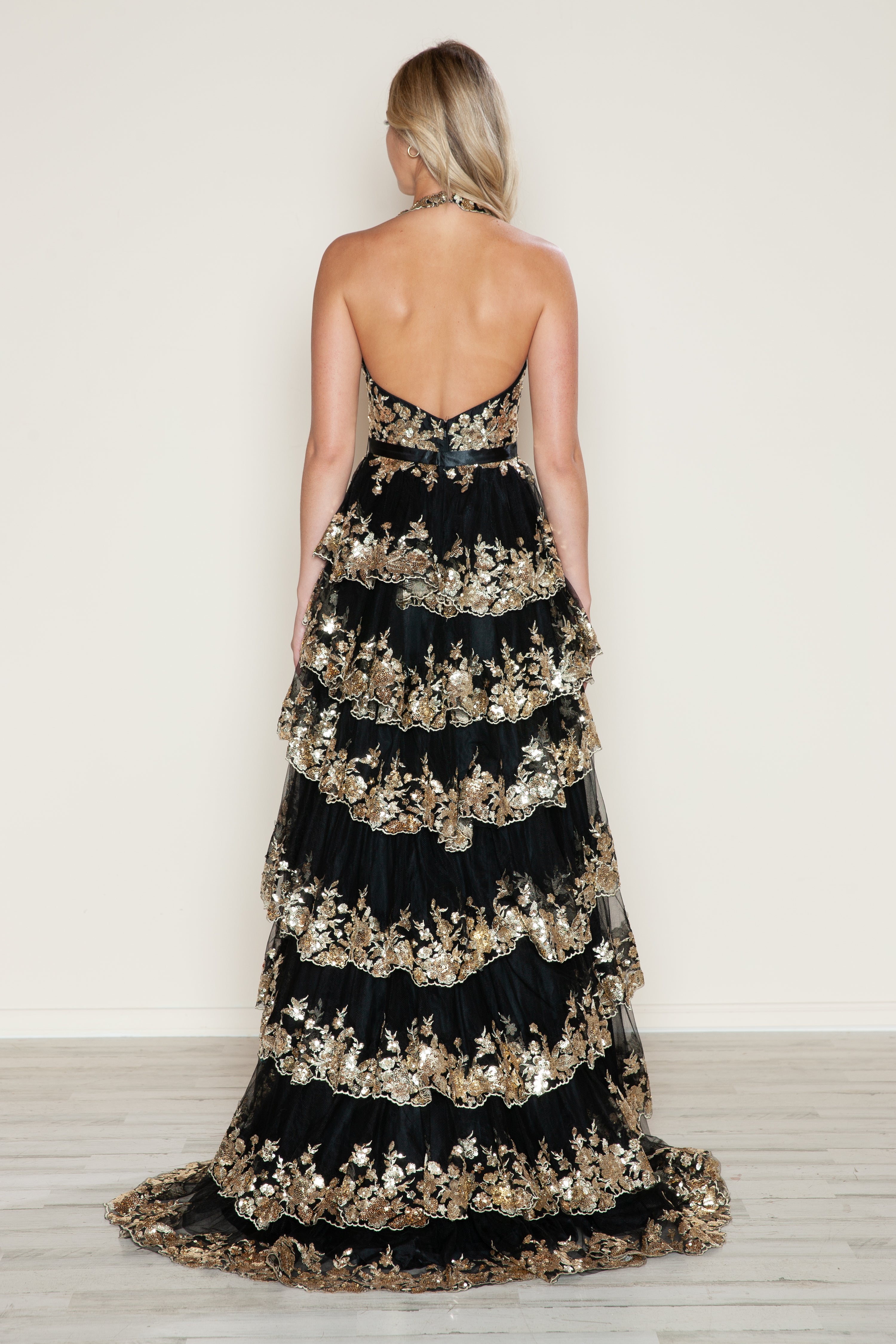 Prom Dresses Long A Line Slit Tiered Layered Formal Prom Dress Black/Gold