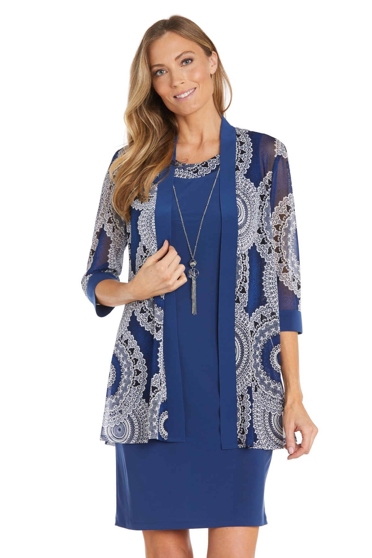 Scoop Neck Knee Length Jersey Cocktail Dress by R&M Richards 9626 in Denim