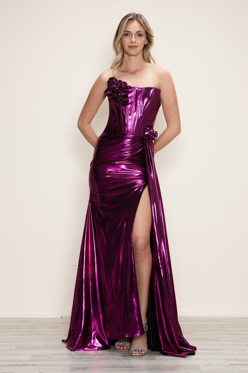 Prom Dresses Fitted Long Slit Formal Prom Metallic Dress Magenta