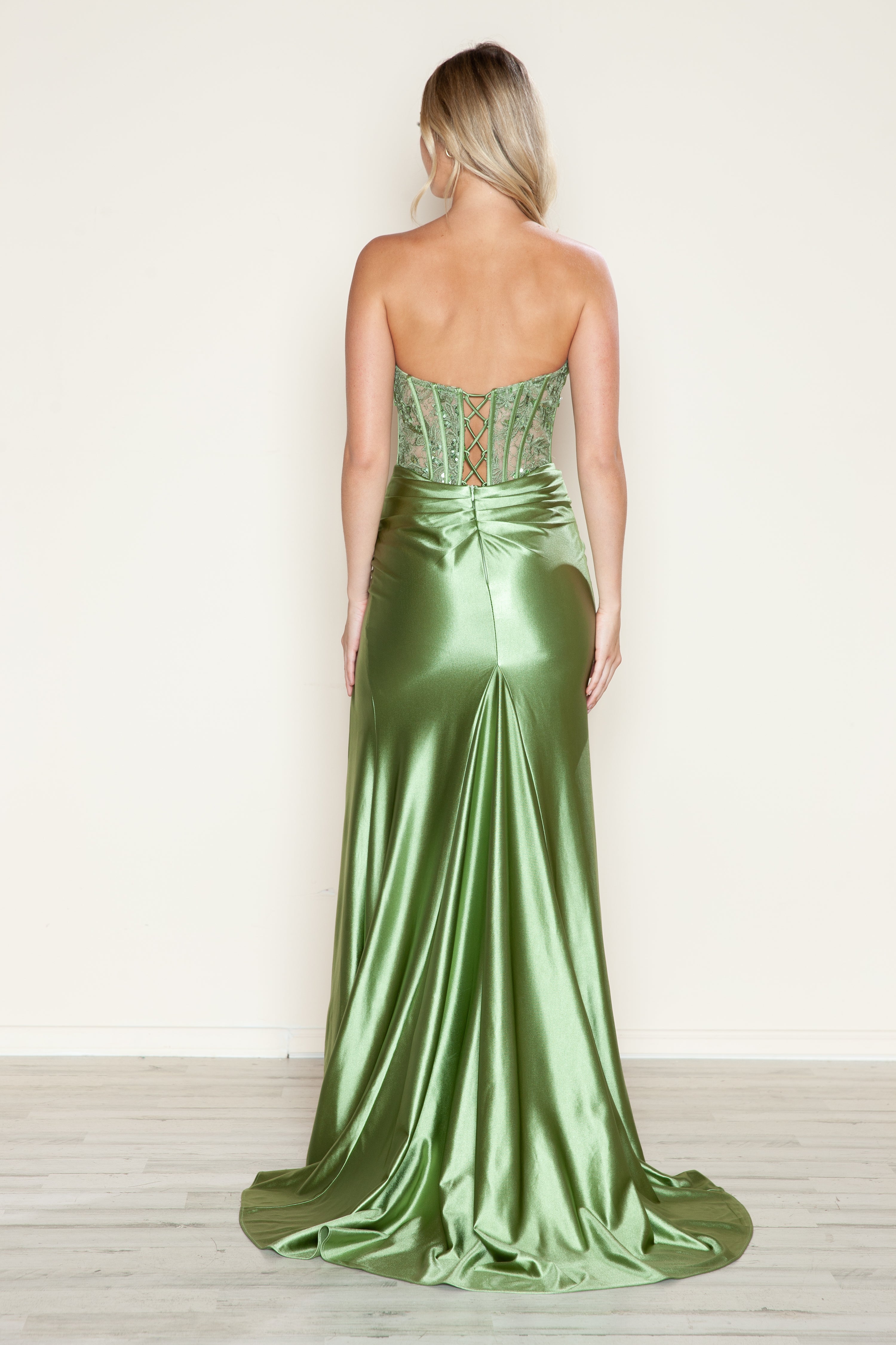 Prom Dresses Fitted Long Slit Lace Formal Prom Dress Sage
