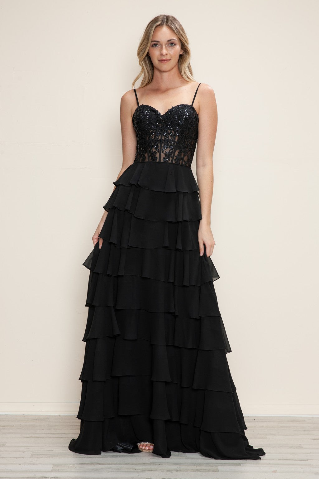 Prom Dresses Long Formal A Line Tiered Applique Prom Dress Black