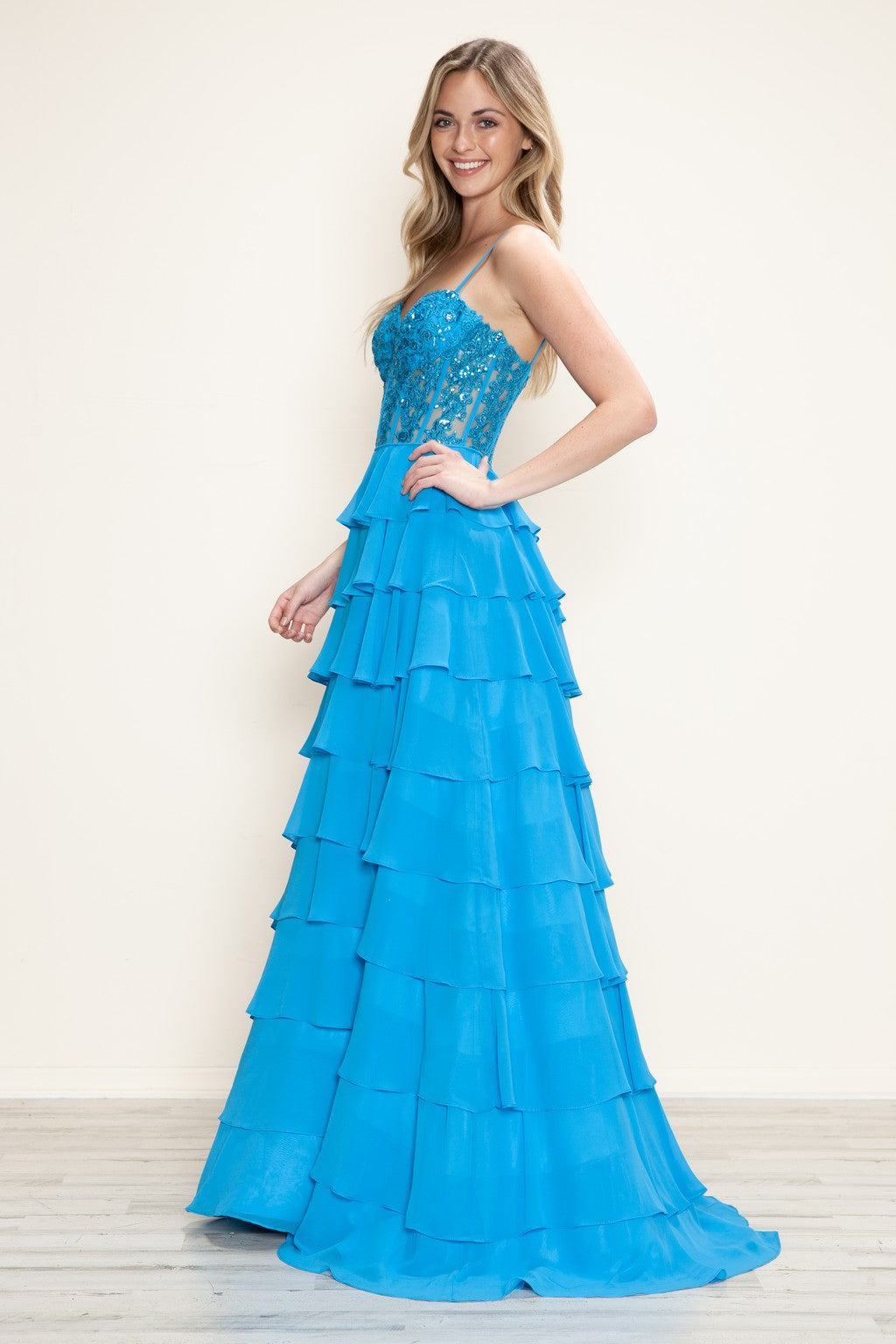 Prom Dresses Long Formal A Line Tiered Applique Prom Dress Blue