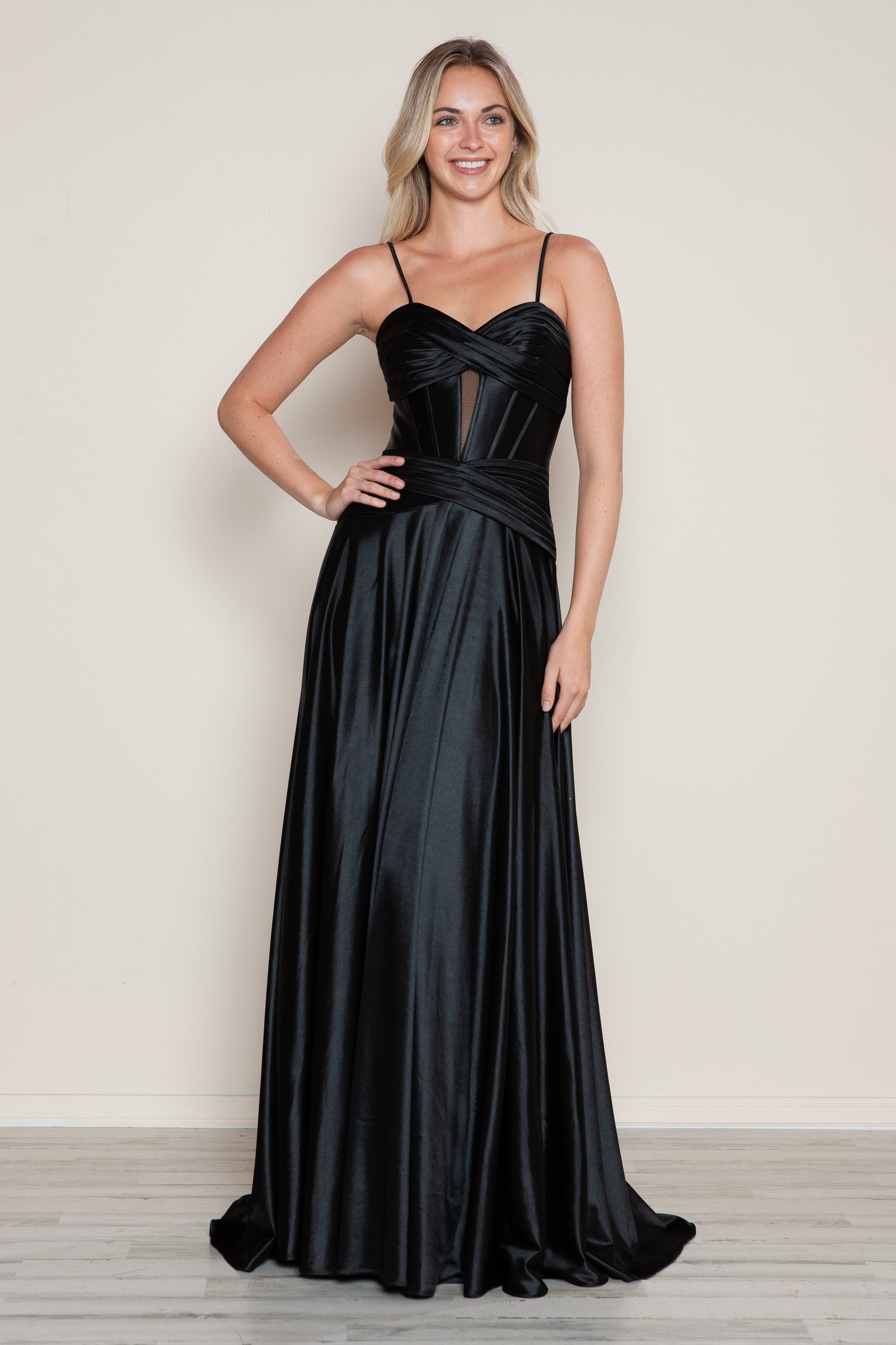 Black Poly USA 9700 Prom Long Formal A Line Corset Dress