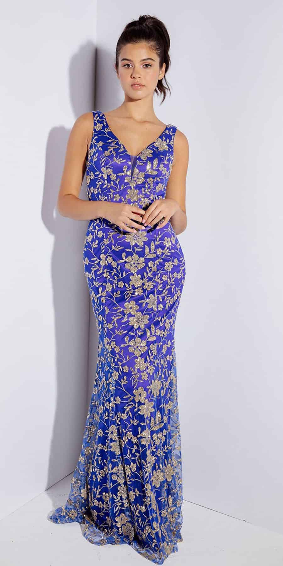 Prom Dresses Formal Prom Long Glitter Fitted Dress Eureka Fashion 9706 Royal/Gold