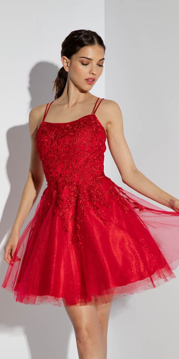 Cocktail Dresses Short Glitter Lace Cocktail Mini Dress Eureka Fashion 9727 Red