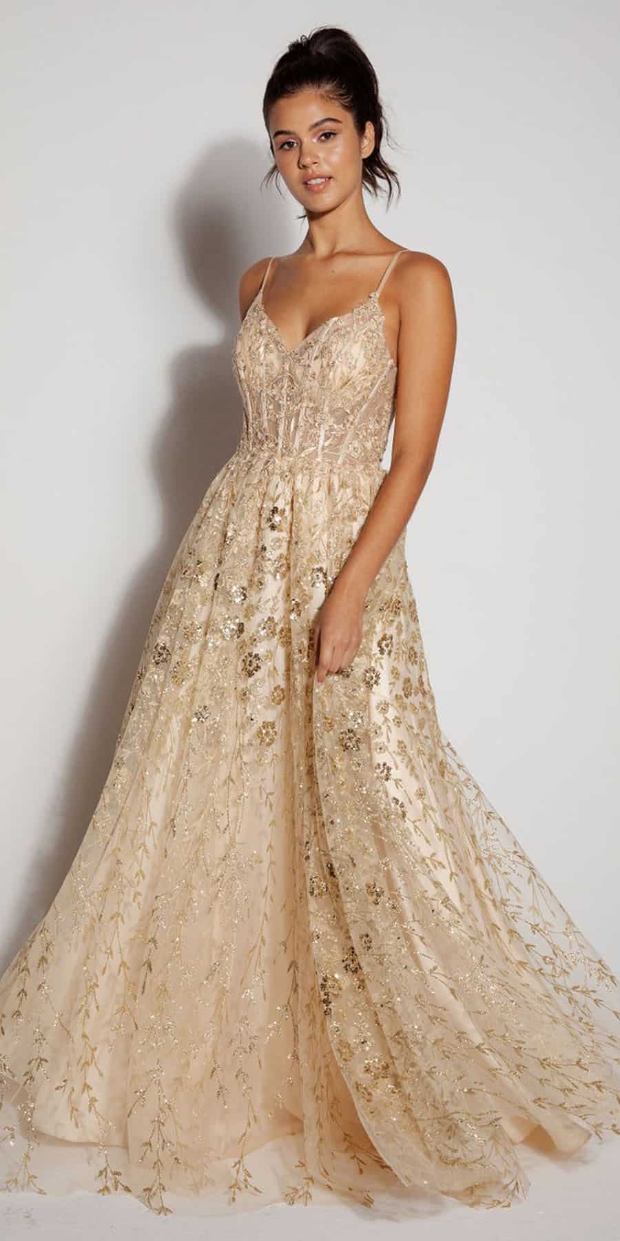 Prom Dresses A Line Long Formal Glitter Floral Print Prom Dress Eureka Fashion 9908 Champ/Gold