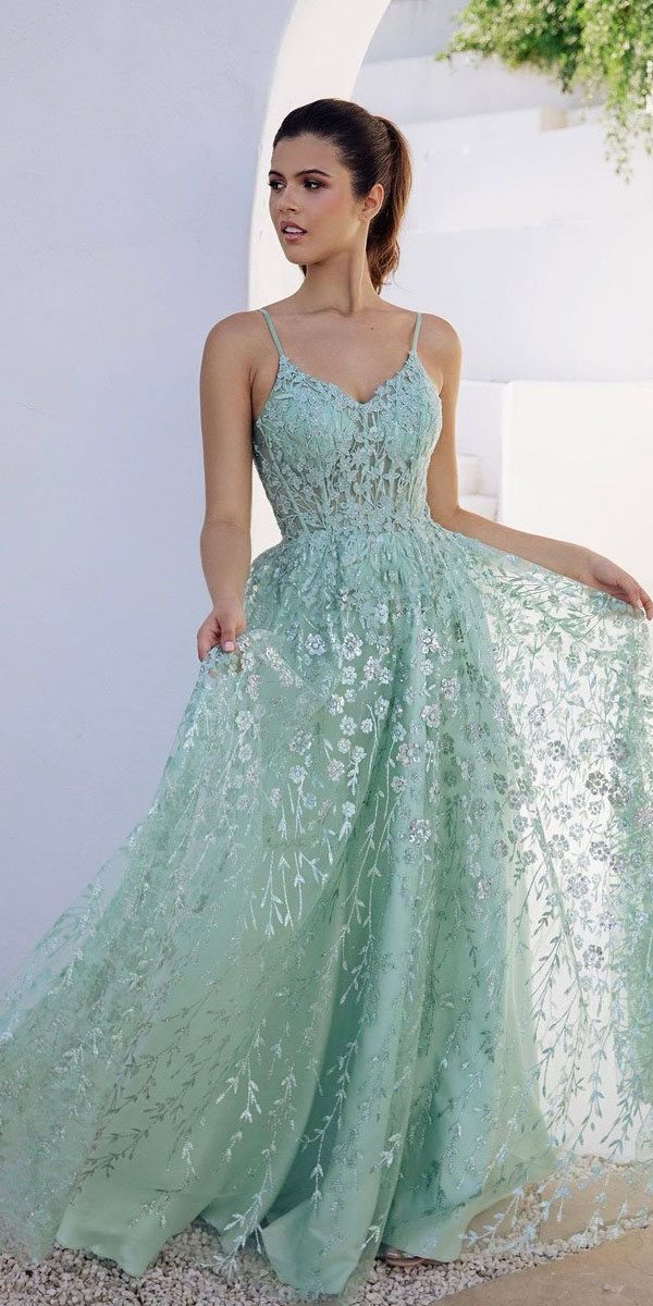 Prom Dresses A Line Long Formal Glitter Floral Print Prom Dress Eureka Fashion 9908 Sage/Silver