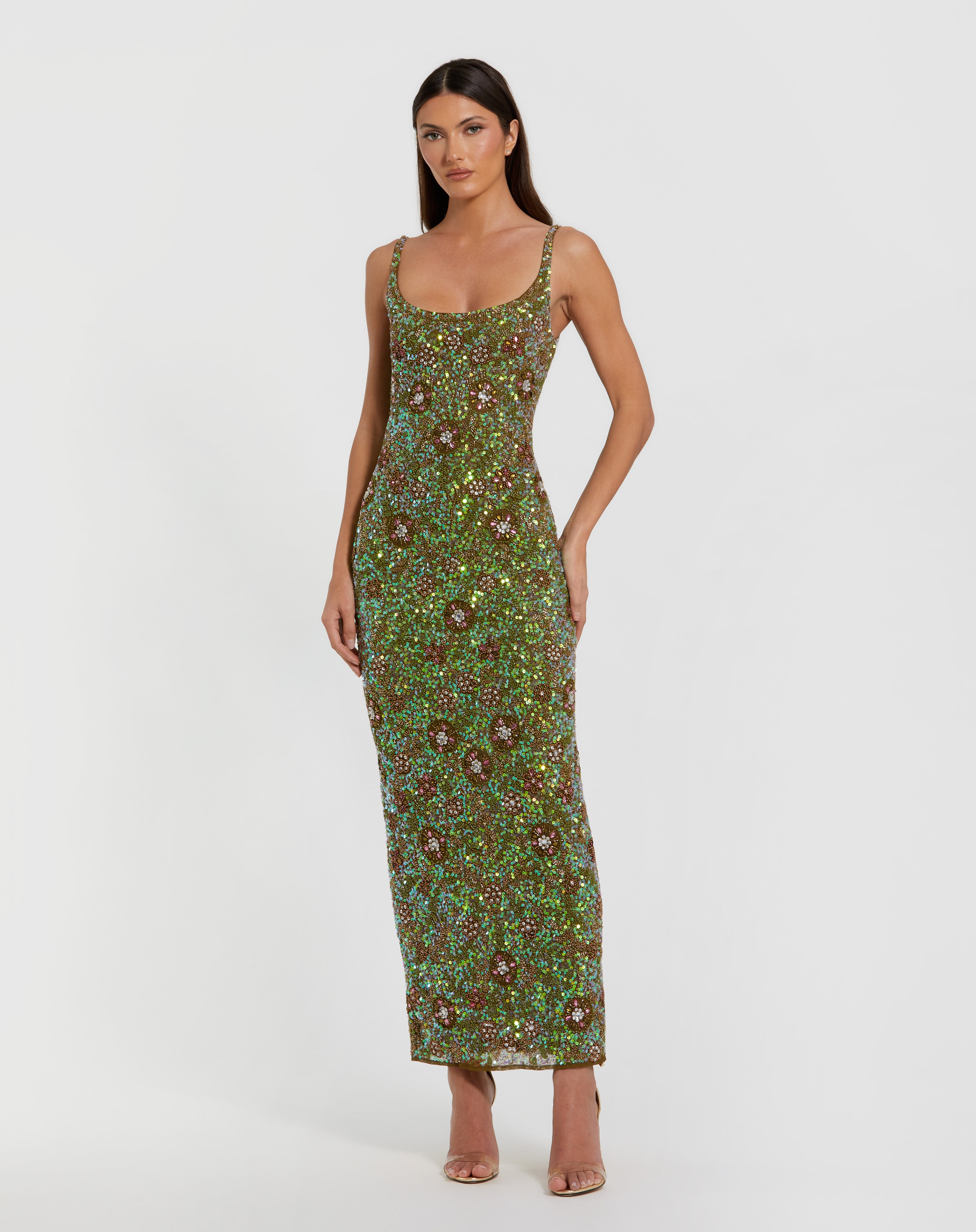 Olive Scoop Neck Tee-Length Sequin Cocktail Party Dress Mac Duggal 9910755P