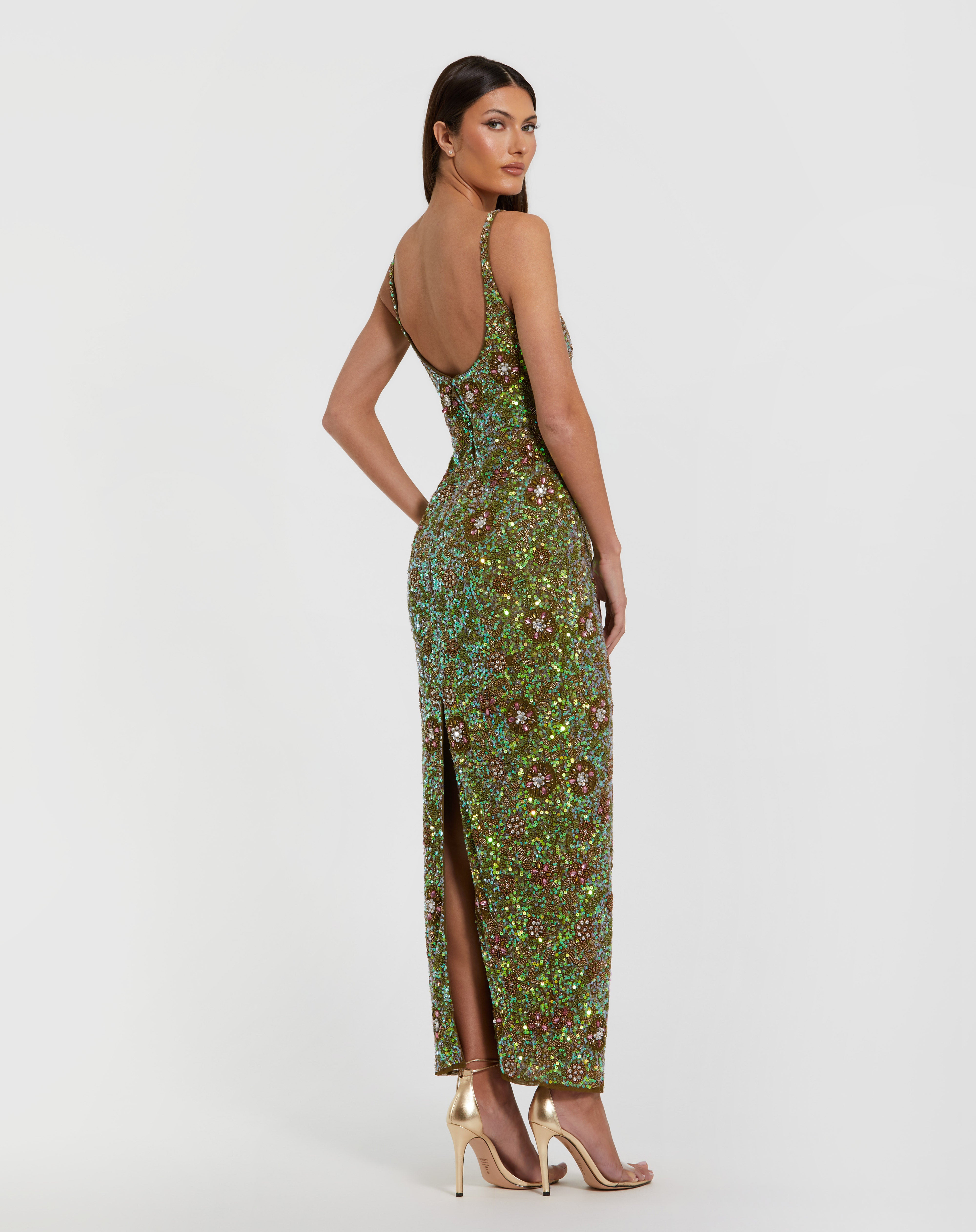 Olive Scoop Neck Tee-Length Sequin Cocktail Party Dress Mac Duggal 9910755P