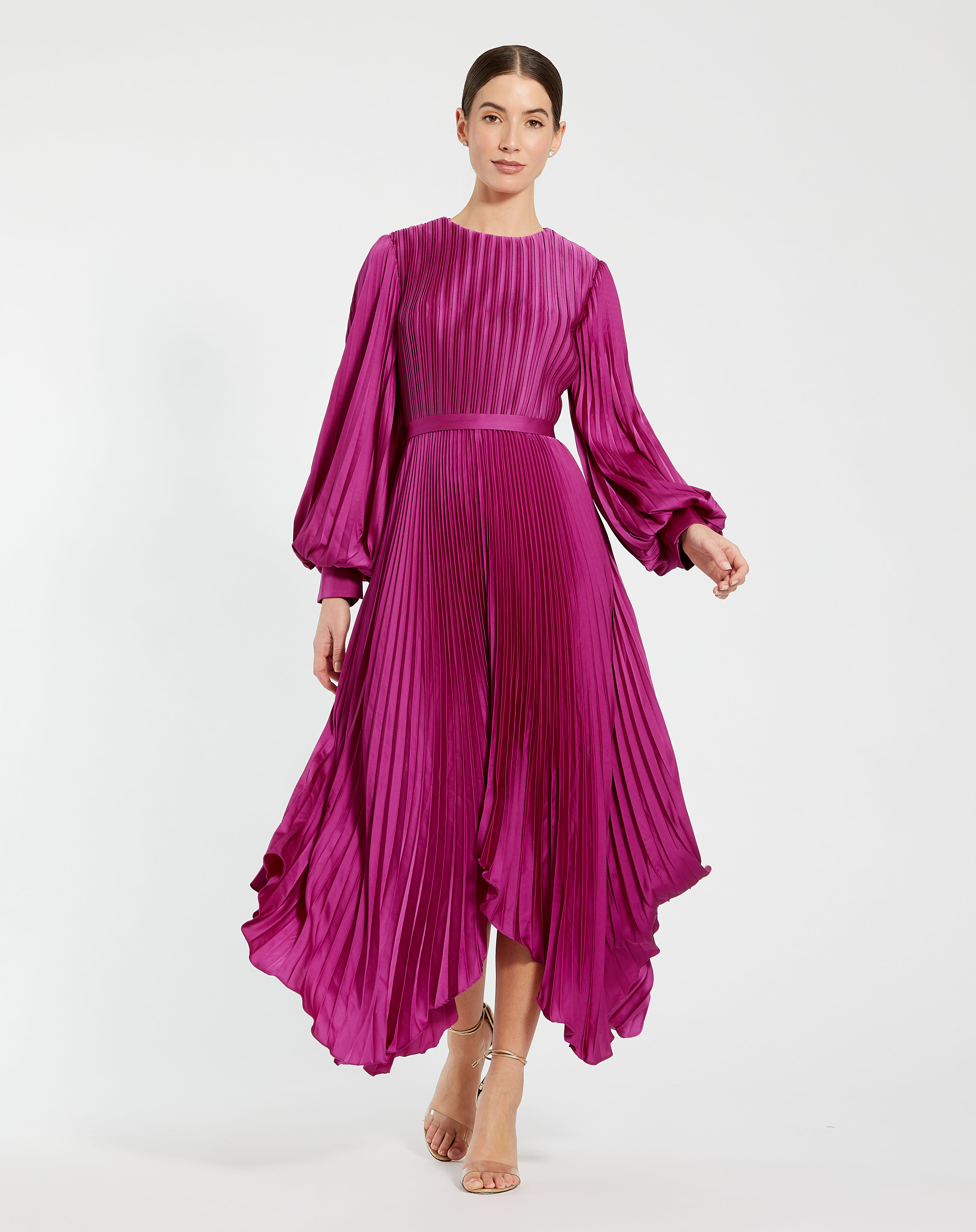 Fuchsia High-Neck Midi SatinCocktail Pleated Dress Mac Duggal 9911638P