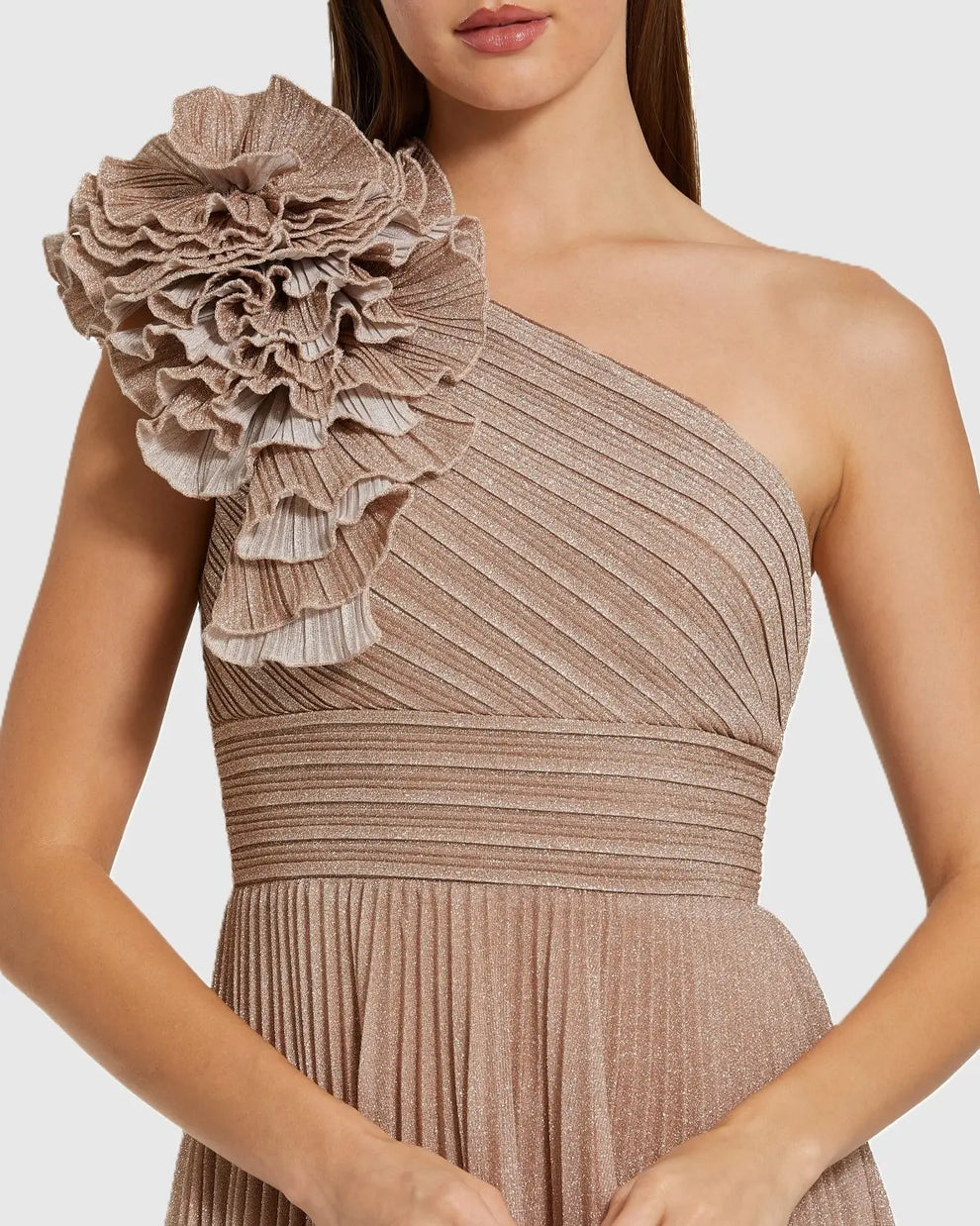 Formal Dresses Long Formal Prom Petite Pleated Metallic Dress Mac Duggal 9911879P Champagne