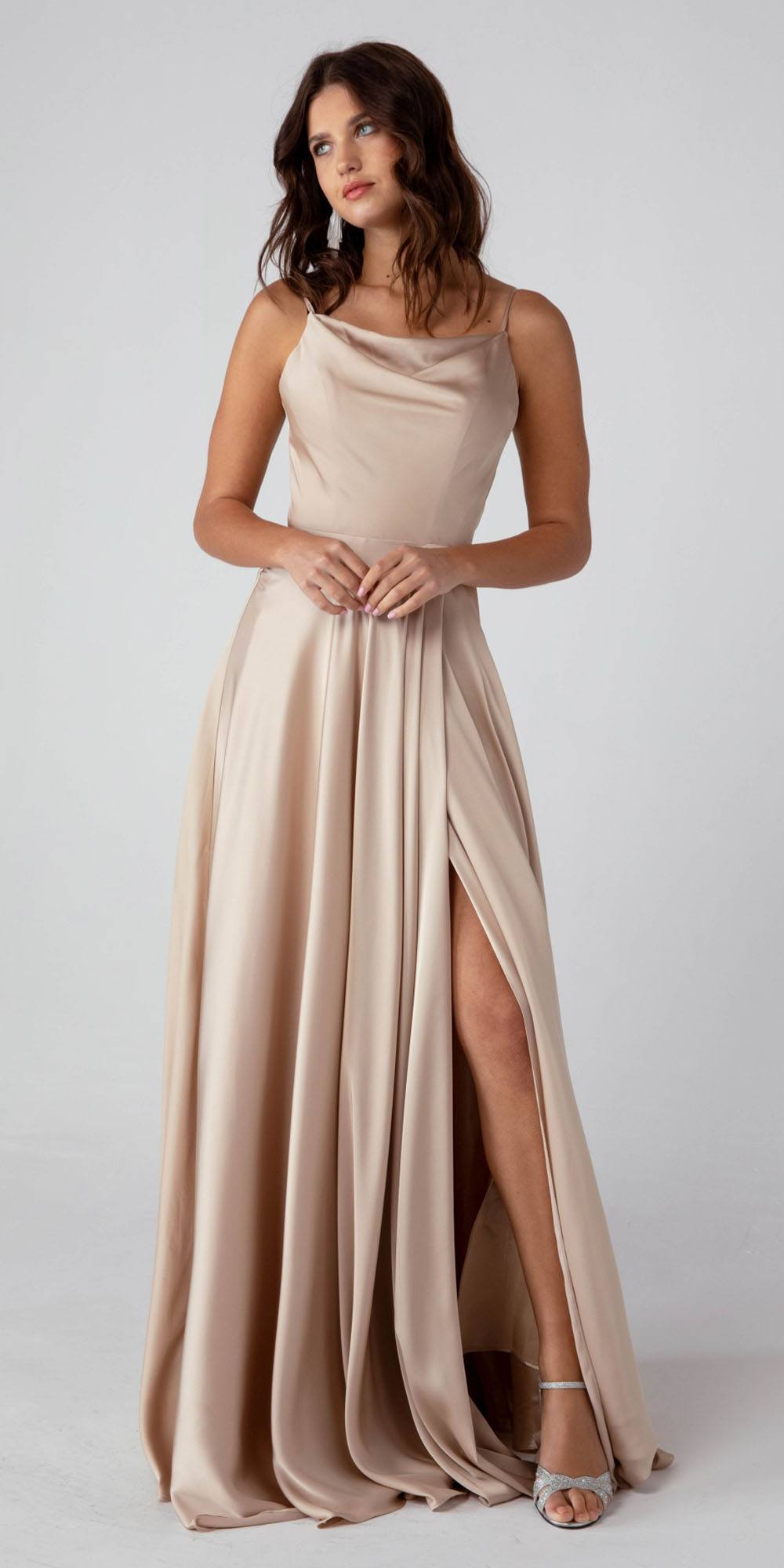Prom Dresses A Line Long Formal Slit Prom Dress Eureka Fashion 9916 Sand