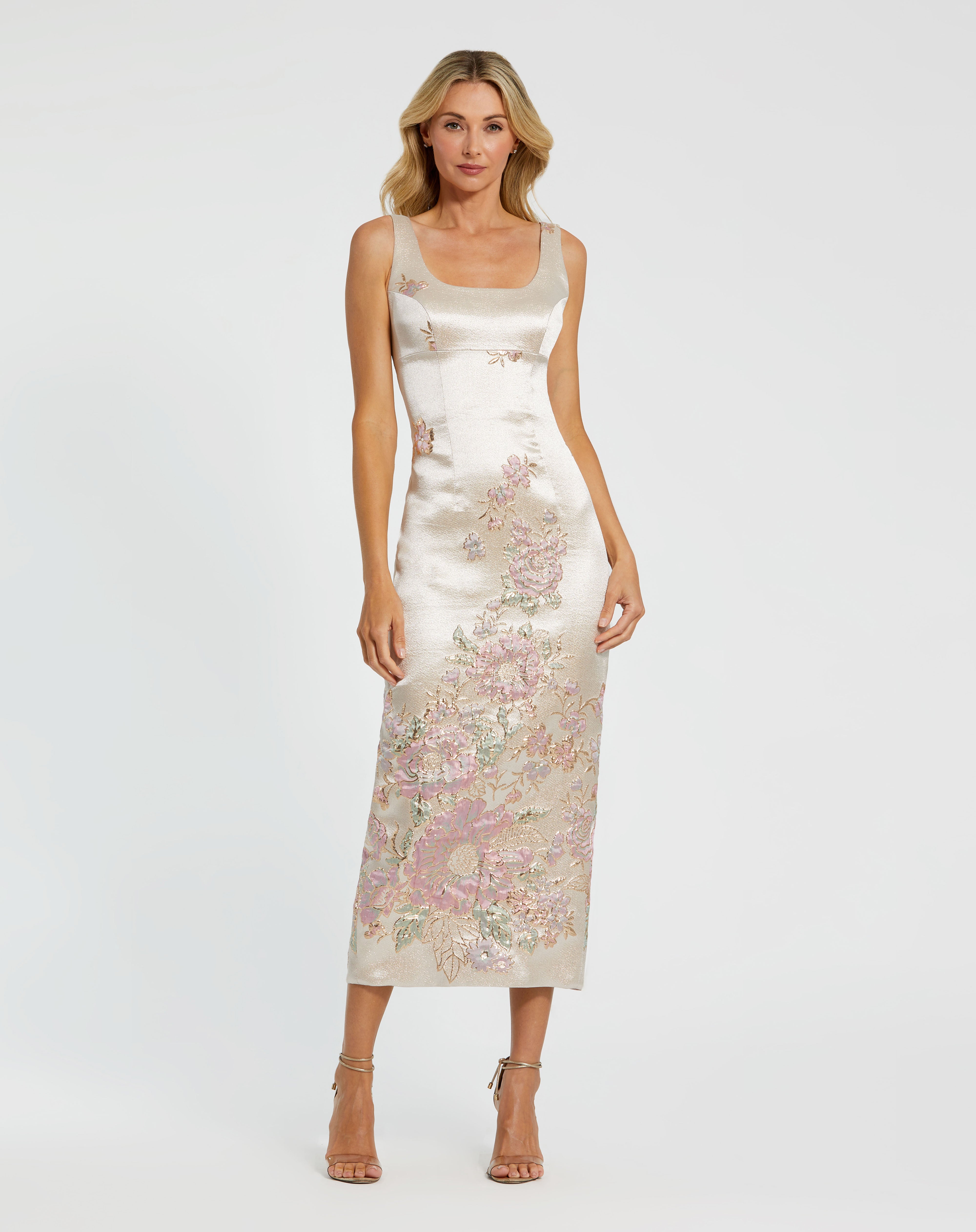 Champagne Multi Scoop Neck Midi Satin Cocktail Party Dress Mac Duggal 9920725P