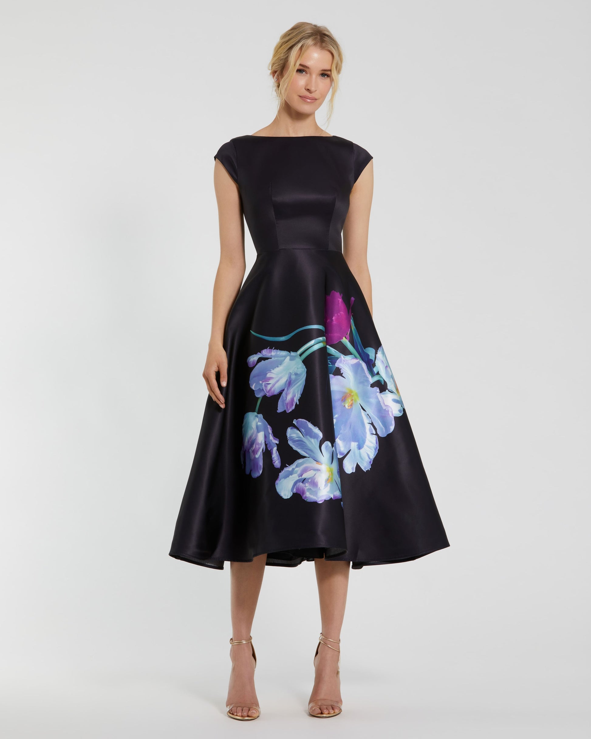 Cocktail Dresses A Line Short Floral Print Midi Cocktail Petite Dress Mac Duggal 9920995P Black Multi