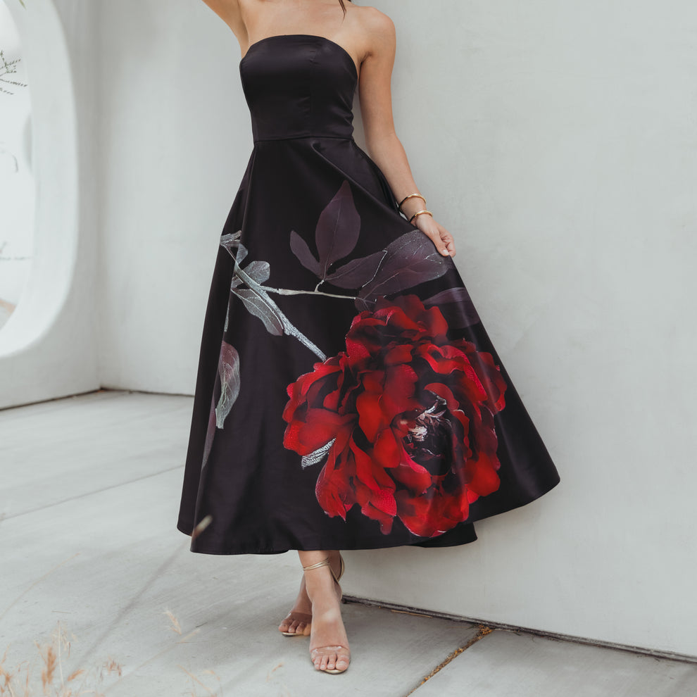 Strapless Straight Neck Tea-Length Satin Cocktail A-Line Mac Duggal 9921152P