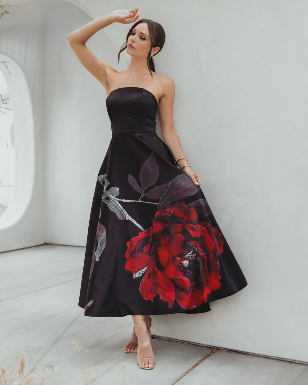 Strapless Straight Neck Tea-Length Satin Cocktail A-Line Mac Duggal 9921152P