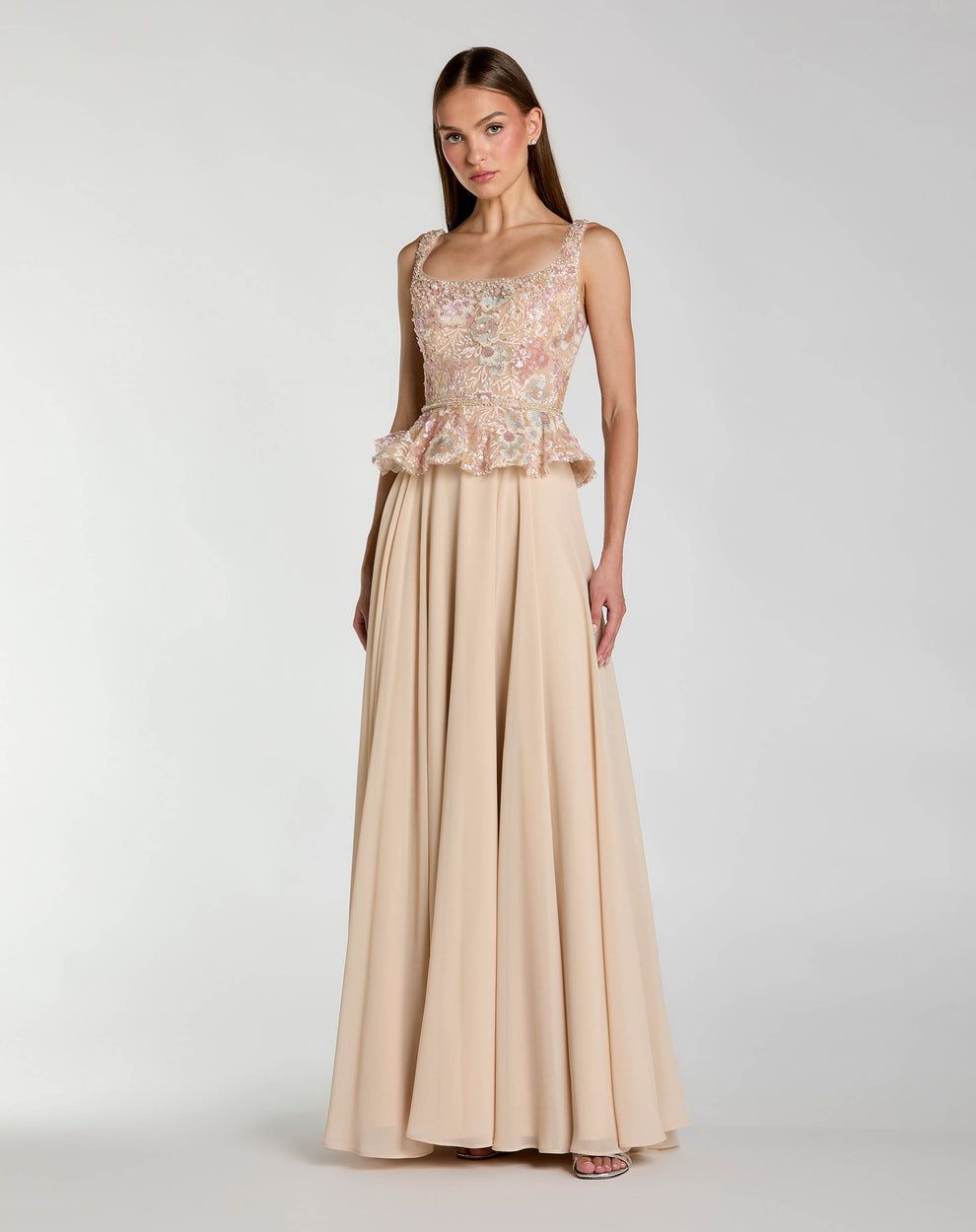 Formal Dresses Long Formal Floral Beaded Evening Petite Dress Mac Duggal 9921317P Champagne
