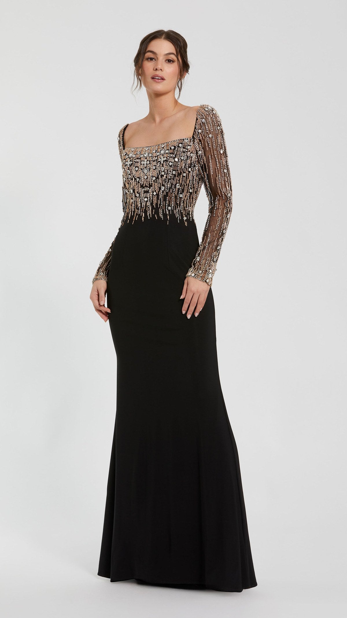 Mac Duggal style 992256P in Black Gold, front view